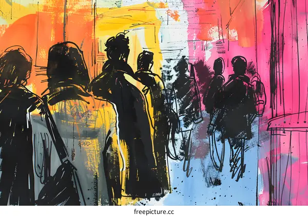Silhouettes of People Walking in a City Street Watercolor Painting