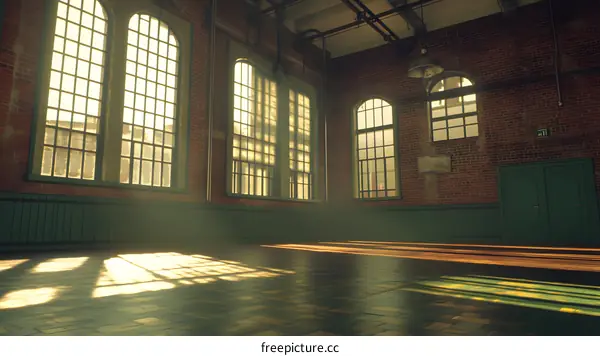 Large Empty Room with Brick Walls and Large Windows