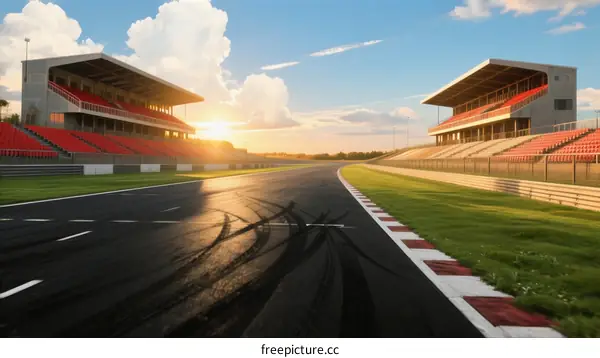 Sunlit Race Track with Empty Grandstands and Green Grass