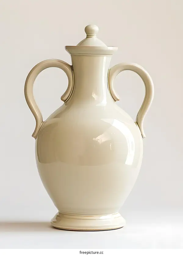 Cream Colored Ceramic Vase with Two Handles and Lid