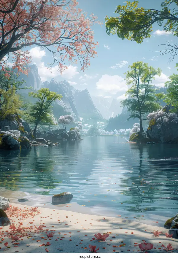 Tranquil Mountain Lake in Valley with Snow-Capped Mountains