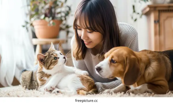 A young woman is lying on the floor with a cat and a dog.