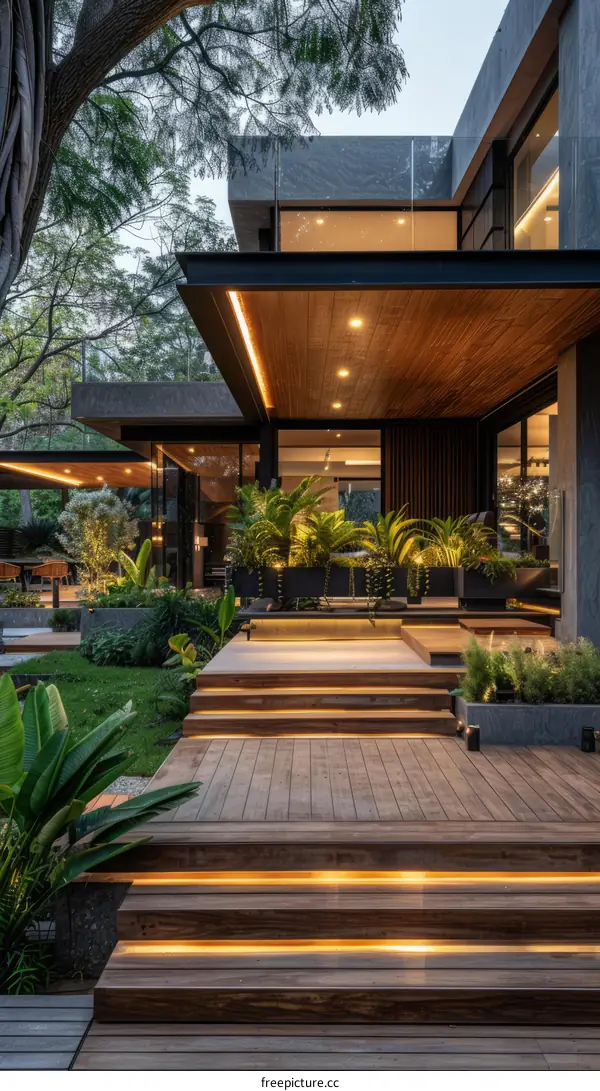 Modern Home Exterior with Wooden Deck and Garden