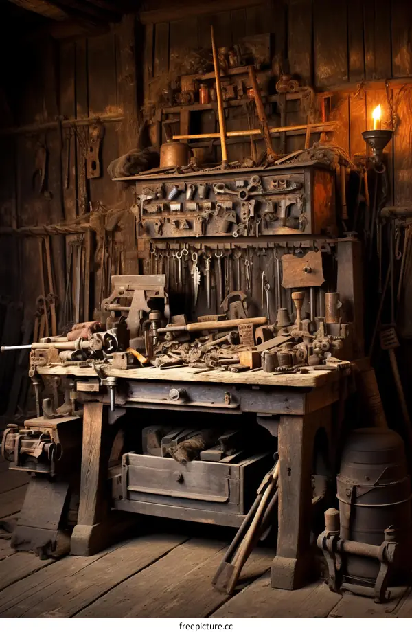 Blacksmith workshop interior with tools and a candle on a wooden table
