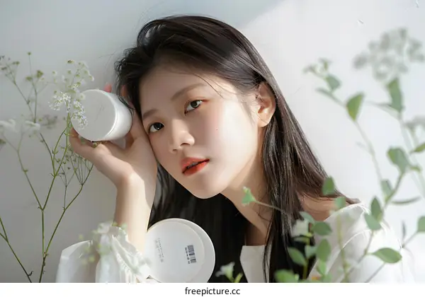 Beautiful Young Woman with Flowers and Cream Jars
