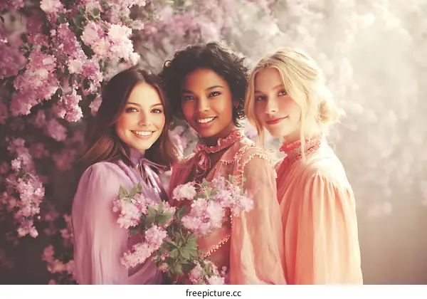 Three Beautiful Women in Spring Blossoms