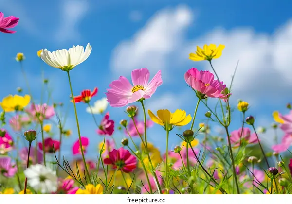 Colorful Cosmos Flowers Blooming in a Field Under Blue Sky