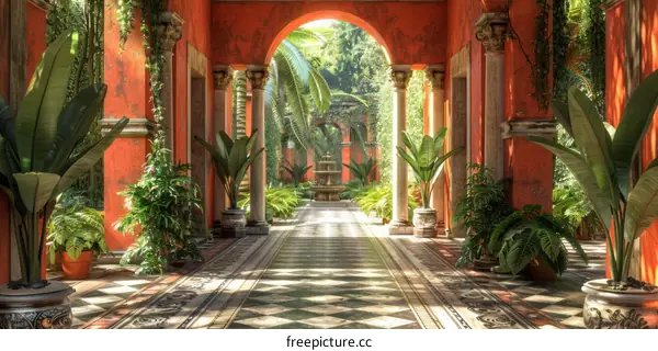 A long corridor with a fountain at the end