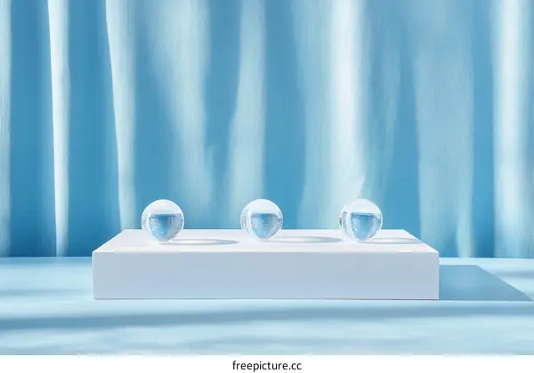 Three Clear Glass Balls on a White Display Platform against a Light Blue Background