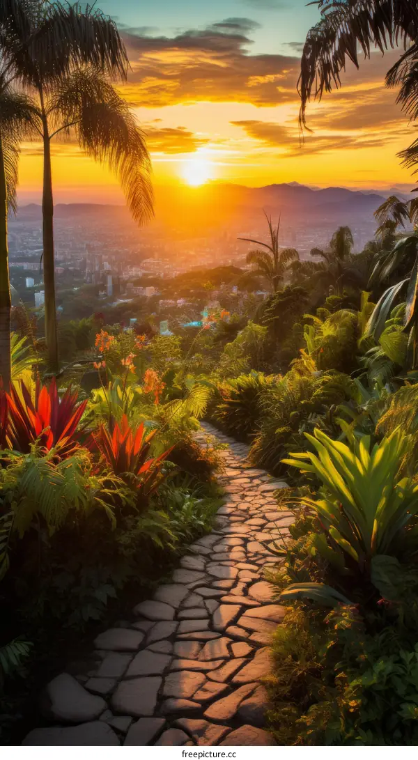 Sunset Tranquility: Tropical Garden Path