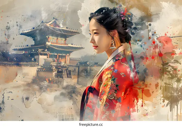 Korean Woman in Traditional Hanbok Dress with Palace Background