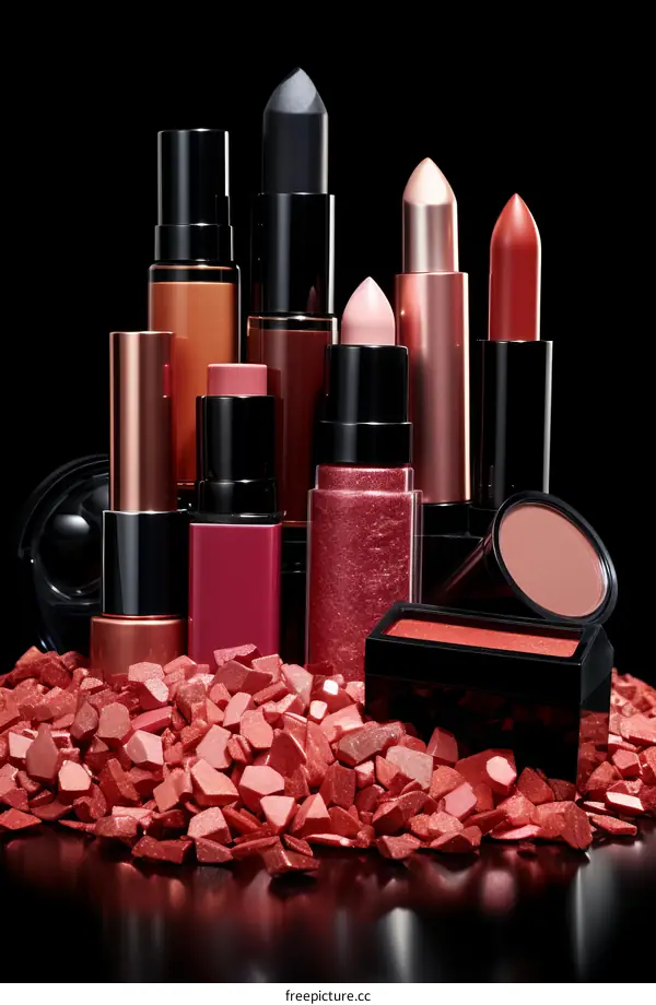 Variety of lipsticks, lip glosses and blush on a bed of red crystals