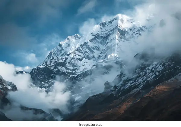 Snowy Mountain Peak Covered In Clouds
