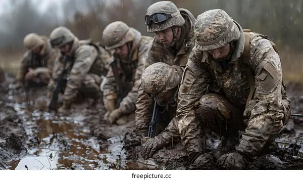 soldiers crawling in the mud during a military training exercise