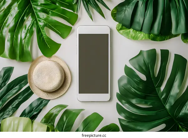 White Smartphone Mockup with Tropical Leaves and Straw Hat