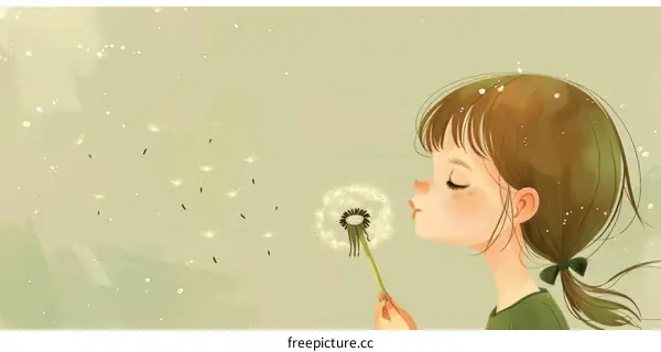 Little Girl Blowing Dandelion Seeds in a Meadow