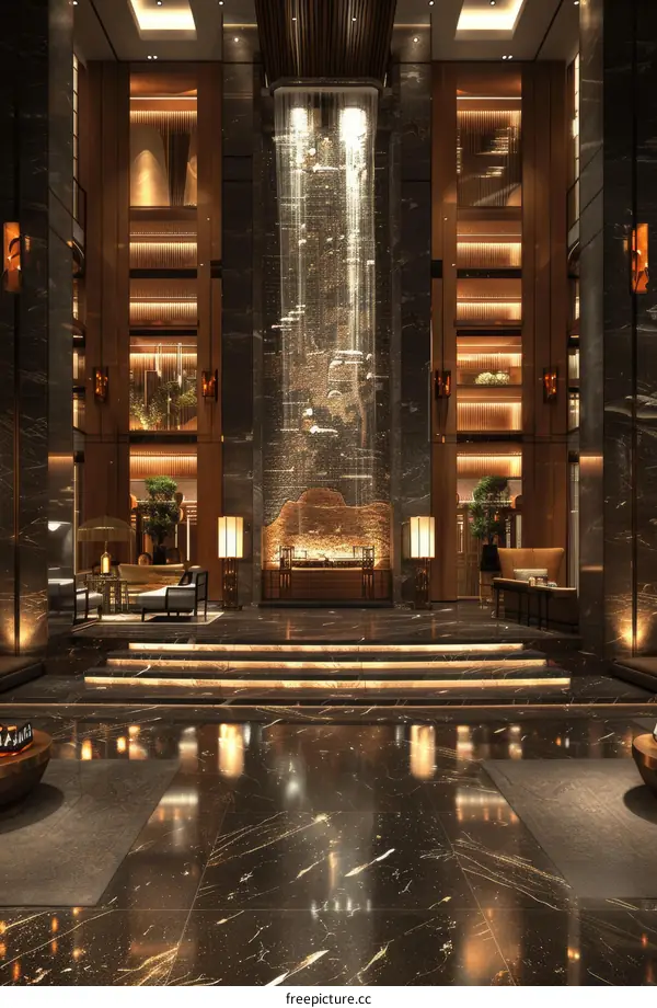 Luxury Hotel Lobby Interior Design with Waterfall Feature