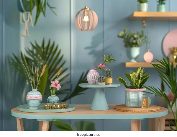 Green and Pink Home Decor with Plants and Vases