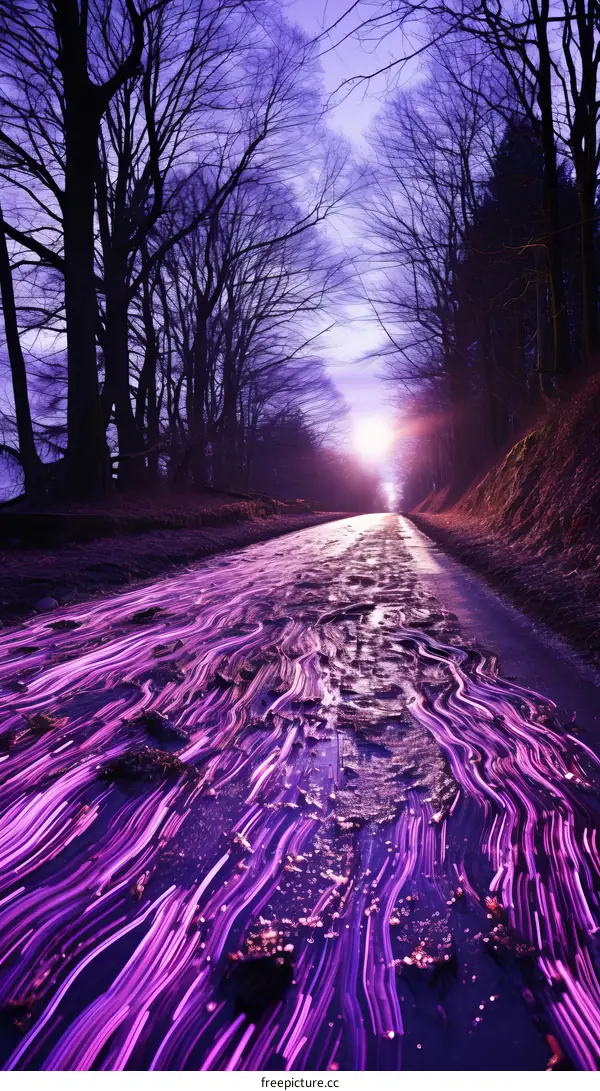 Country road through a dark forest at night with purple light trails