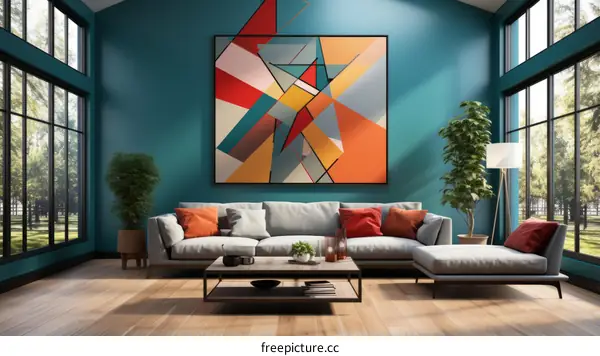 Blue Living Room with Colorful Painting and Plants