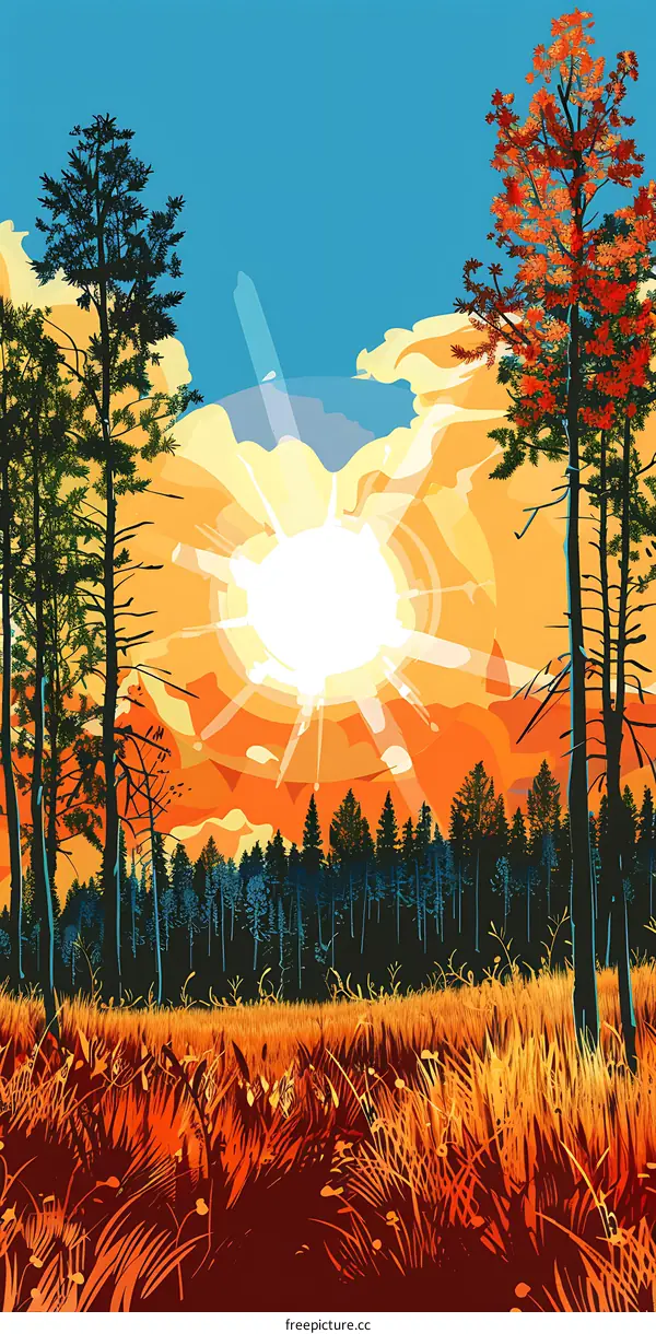 Sunset Illustration with Trees and Grass
