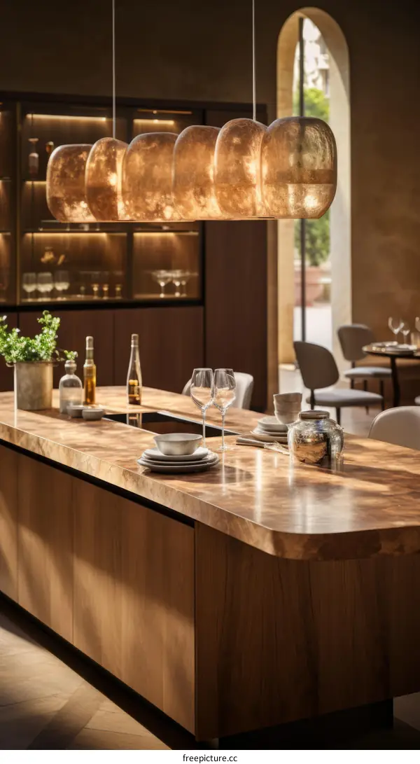 Luxury kitchen interior with marble and wood elements