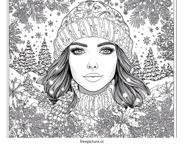 Winter Scene Coloring Page with Woman