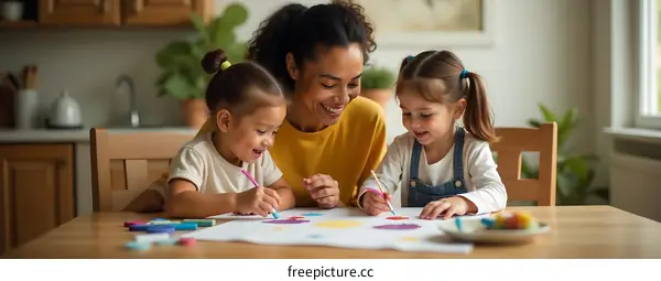 Mother and Daughters Drawing Together at Kitchen Table