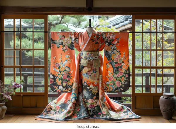 A kimono with a pattern of cherry blossoms and mandarin ducks