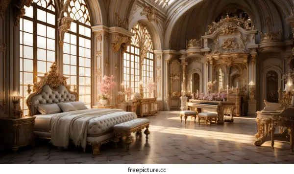 Ornate bedroom with a large bed, piano, and sitting area