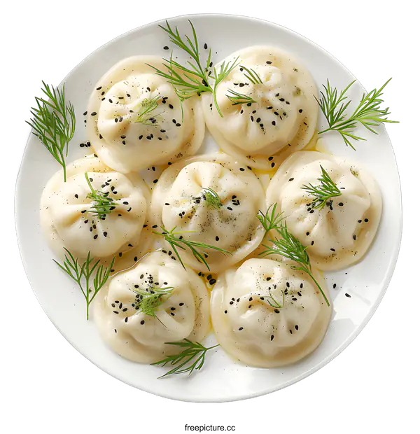 [Transparent Background PNG]Plate of steamed dumplings with dill and black sesame seeds