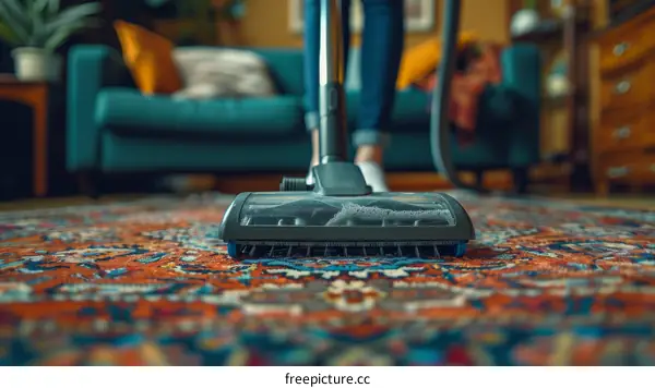 A woman in casual clothes is vacuuming a colorful carpet in the living room