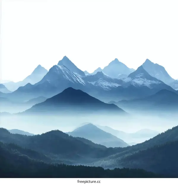 Misty Mountain Landscape in Soft Blue Hues