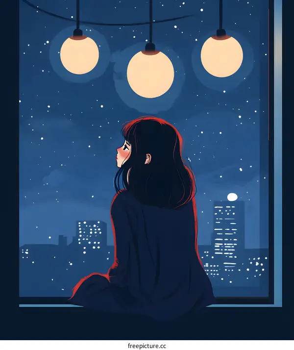 Lonely Girl Looking Out the Window at Night