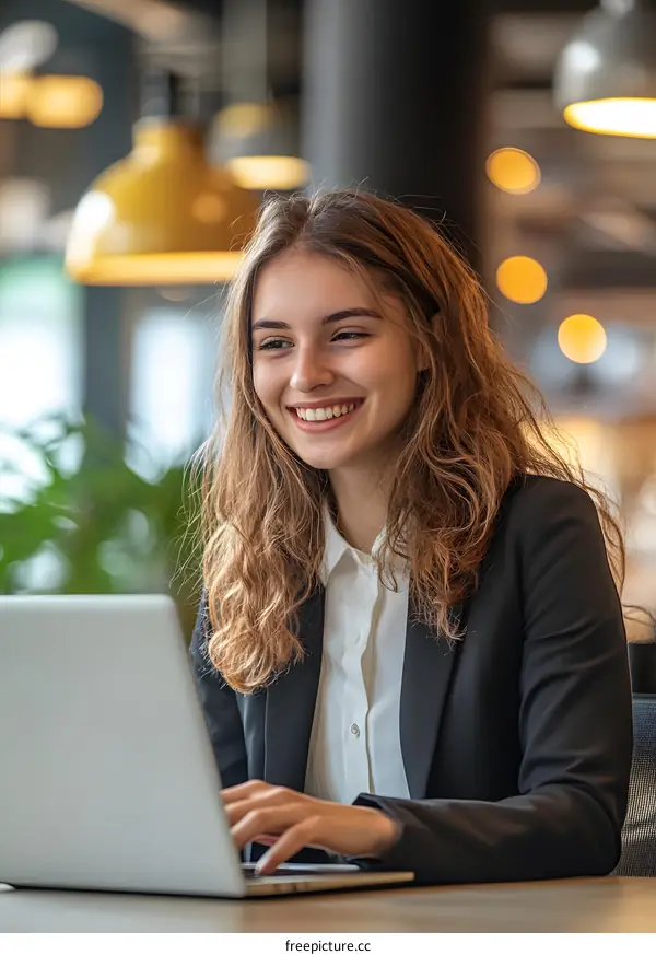 Smiling Woman Working on Laptop in Cafe