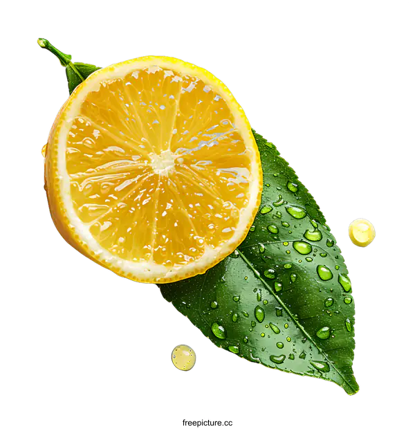 [Transparent Background PNG]Fresh lemon slice on leaf with water drops