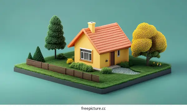 3D Illustration of a Small Yellow House with a Green Lawn and Trees