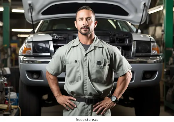 Portrait of a mechanic standing in front of a car with the hood up