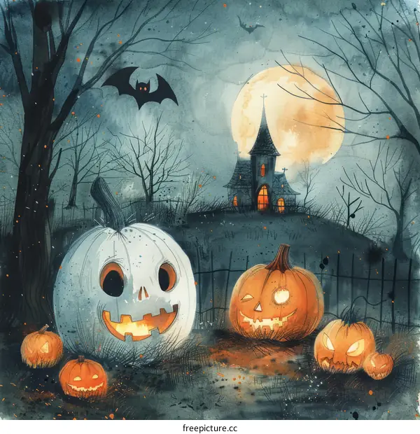 Spooky Forest with Haunted House, Bats and Pumpkins