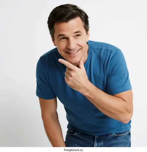 A man in a blue t-shirt pointing with a friendly expression