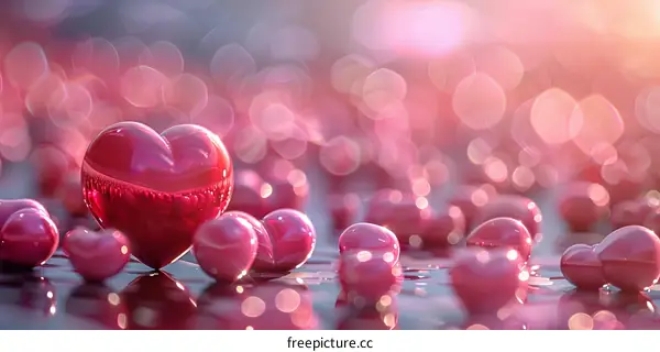 Red and pink hearts on a reflective surface with a blurred background of pink and white lights