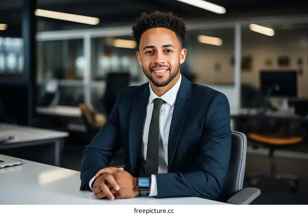 A young African-American professional wearing a suit and tie smiles while sitting at his desk in an office.