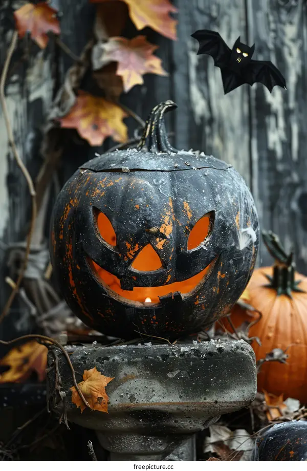 Spooky Black Halloween Pumpkin with Candle