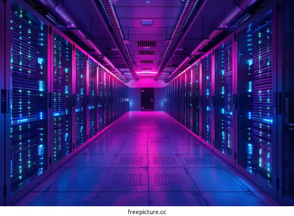 Server room with purple and blue lights