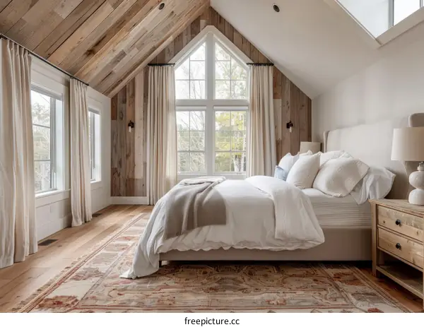 Wood Cabin Bedroom with Large Windows
