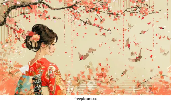 A beautiful Japanese woman in a kimono stands under a cherry blossom tree.