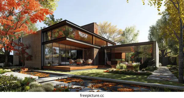 Modern house with large glass windows and a beautiful garden