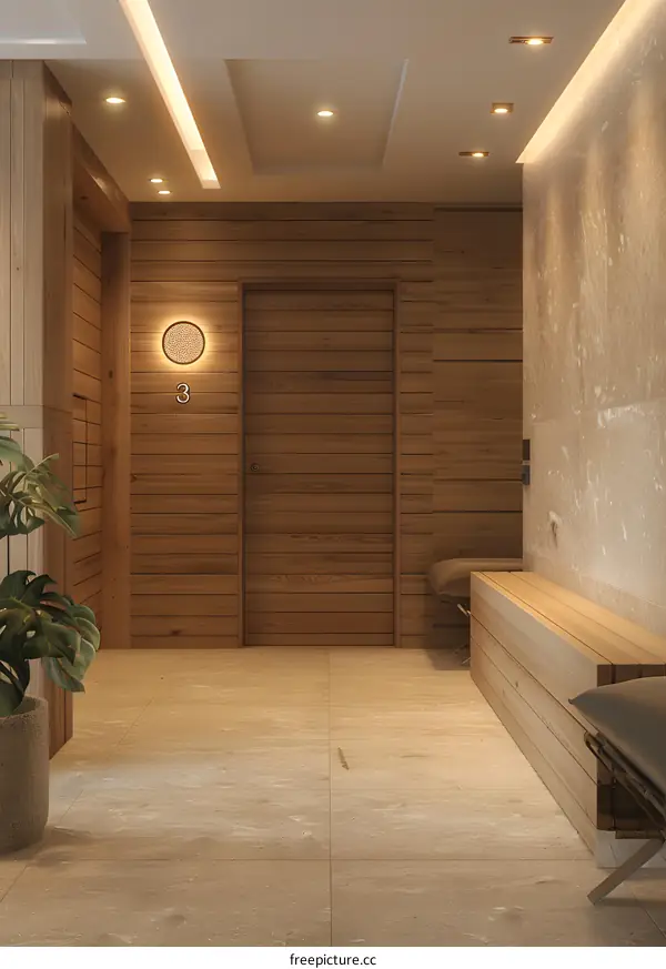 Modern hallway interior with wooden wall