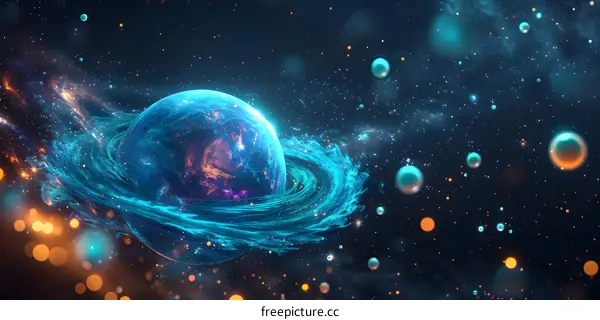 Blue planet with glowing particles