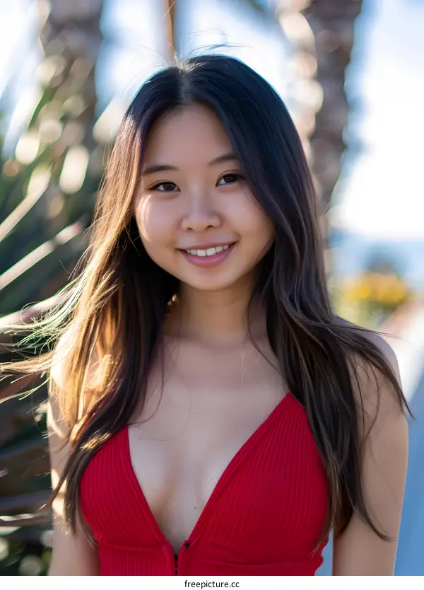 Portrait of a Young Asian Woman in Red Top Smiling
